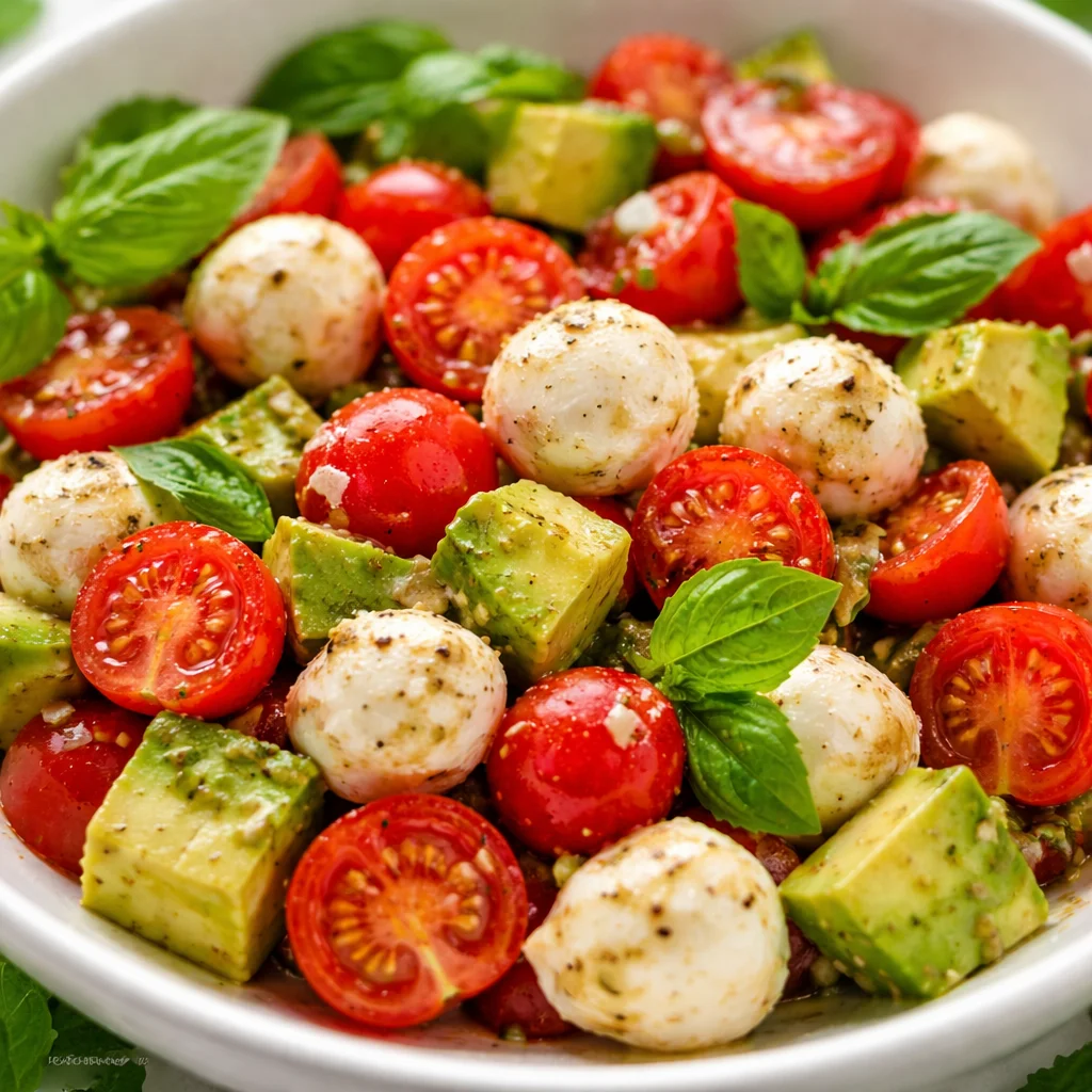 Avocado caprese salad with cherry tomatoes, fresh mozzarella, basil, and balsamic glaze.