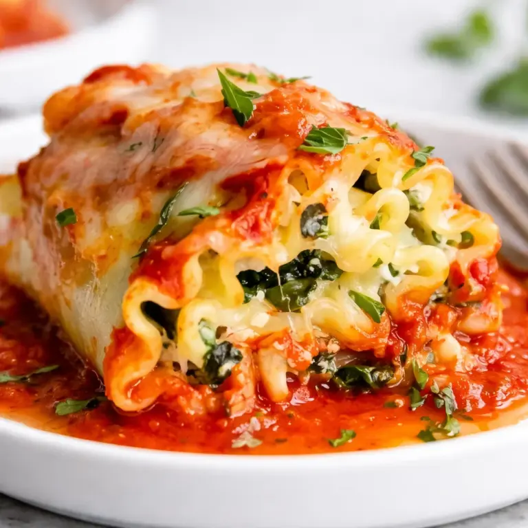 Easy Spinach Lasagna Roll Ups filled with ricotta and covered in marinara sauce.