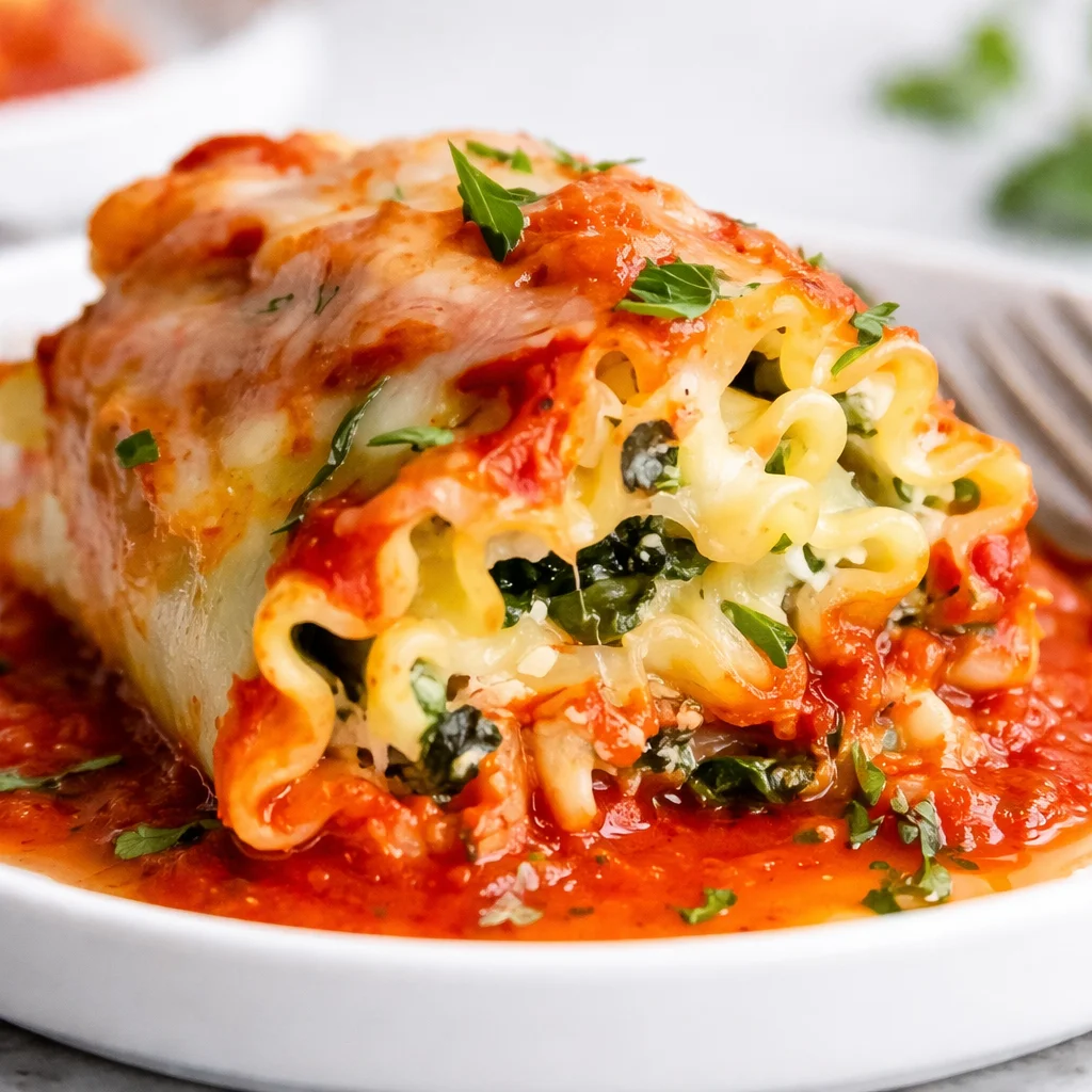Easy Spinach Lasagna Roll Ups filled with ricotta and covered in marinara sauce.