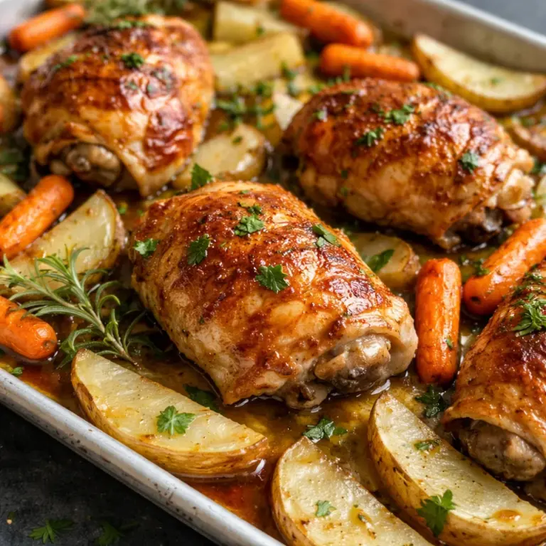 Pomegranate roasted chicken thighs with crispy potatoes and vibrant pomegranate seeds.