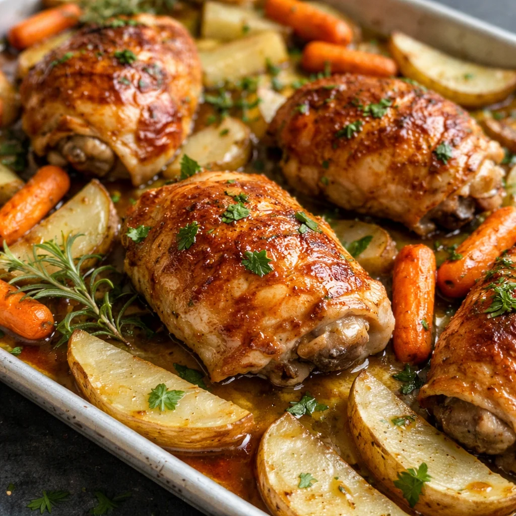 Pomegranate roasted chicken thighs with crispy potatoes and vibrant pomegranate seeds.