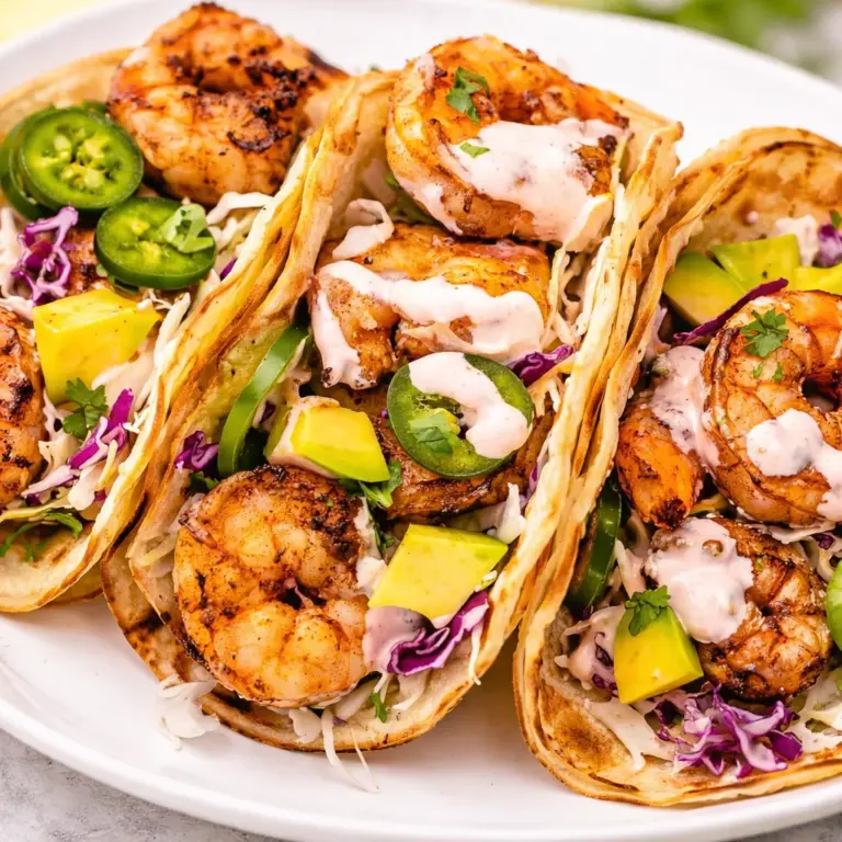 Delicious grilled shrimp tacos topped with avocado salsa and fresh slaw on corn tortillas.