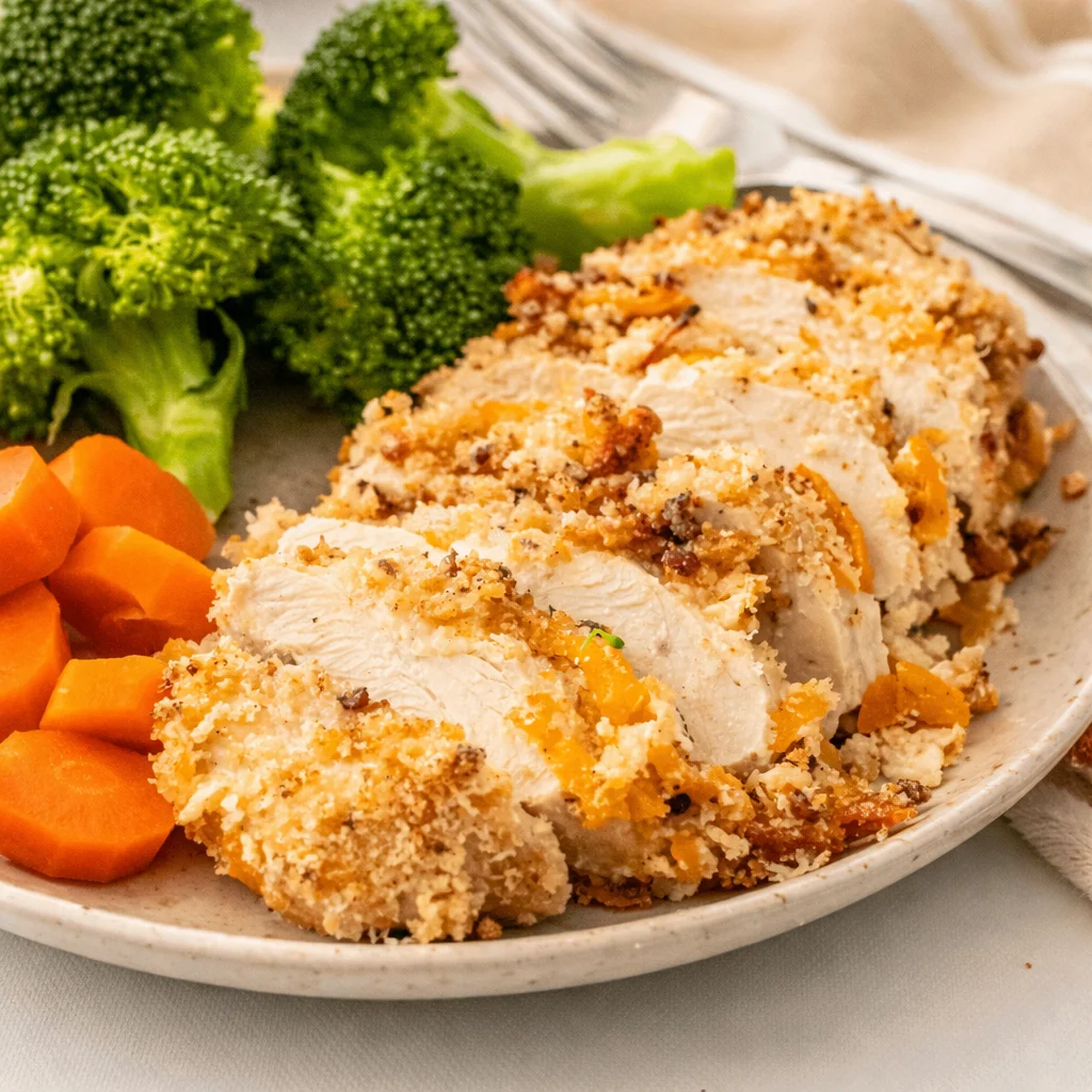 Delicious baked ranch chicken coated in ranch seasoning and cheddar cheese.
