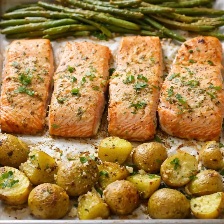 Sheet Pan Lemon Garlic Parmesan Salmon with broccoli and roasted vegetables