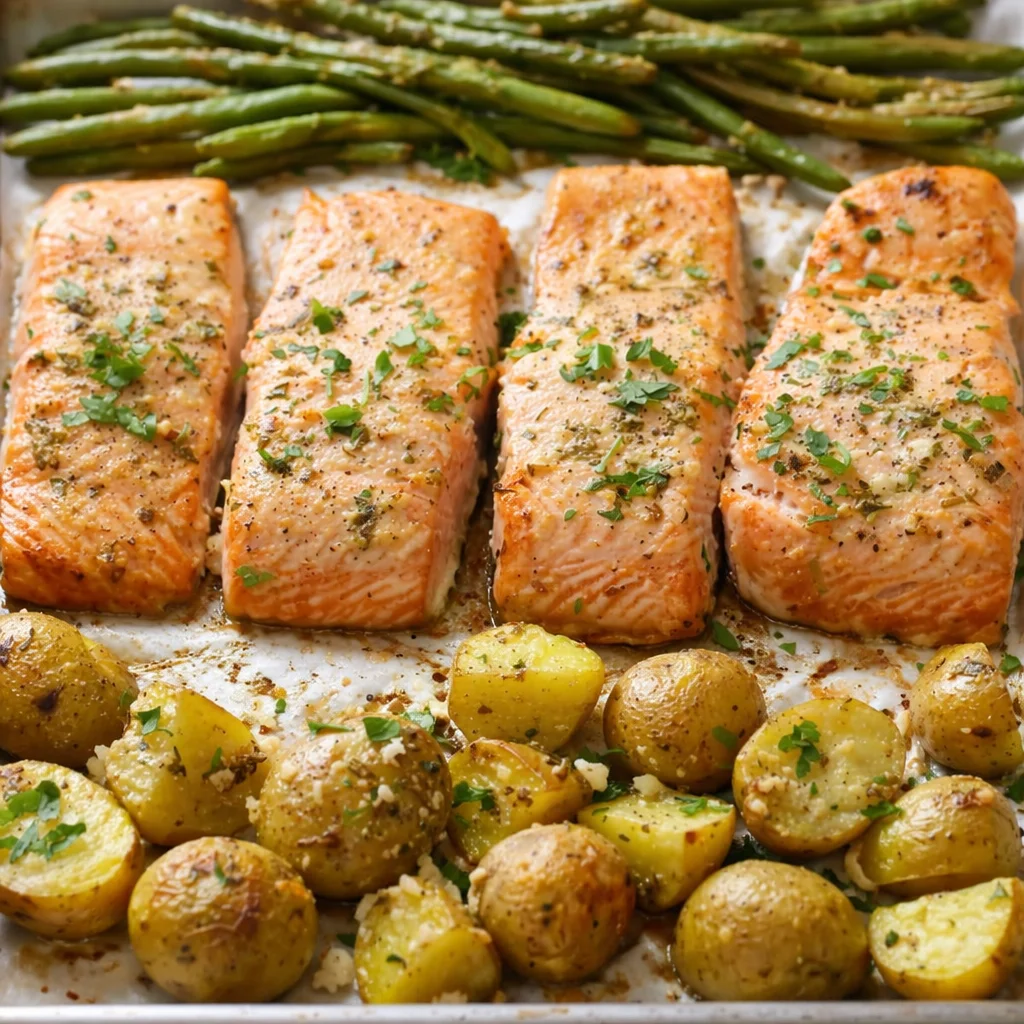 Sheet Pan Lemon Garlic Parmesan Salmon with broccoli and roasted vegetables
