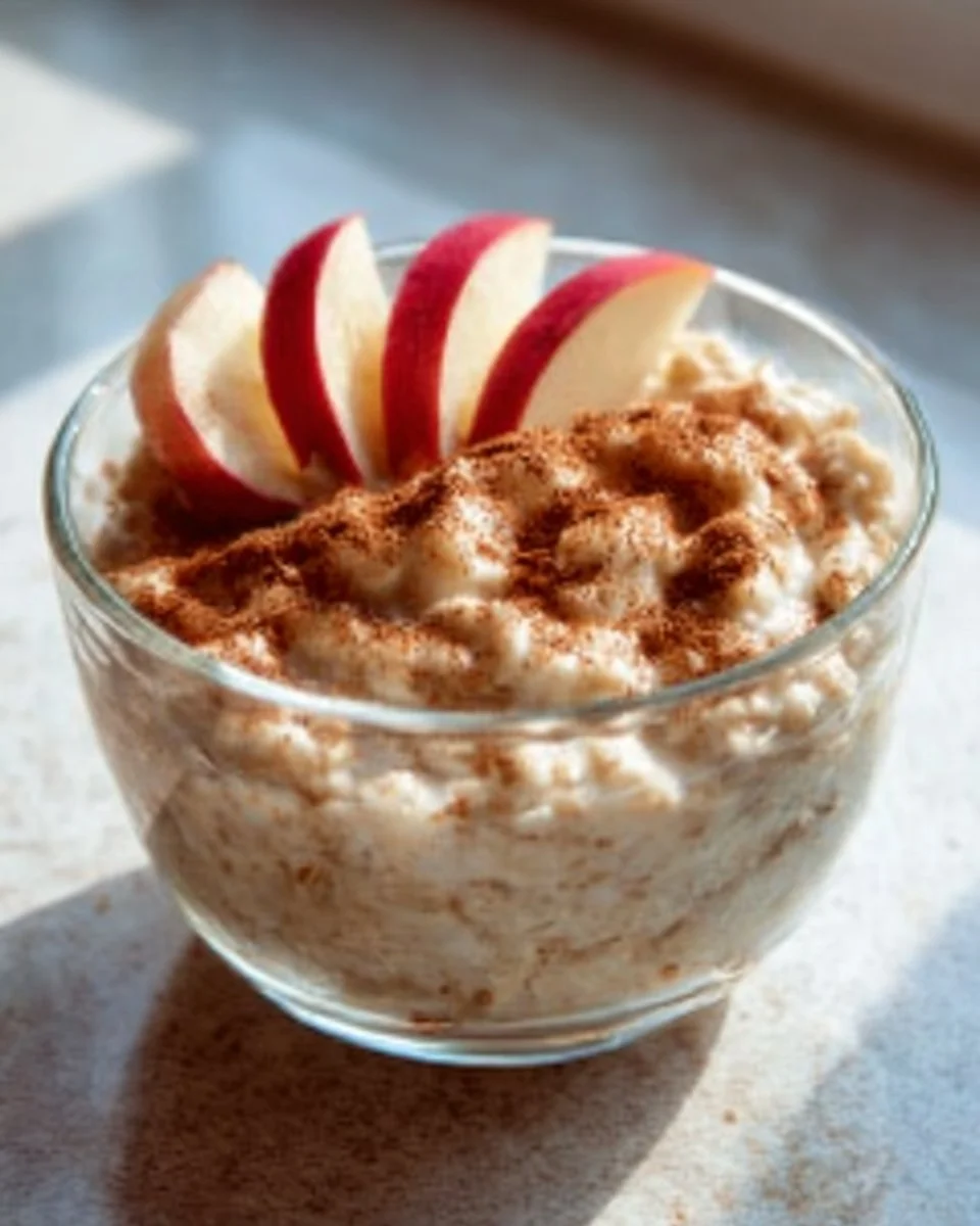Bowl of applesauce overnight oats topped with fresh fruits and nuts