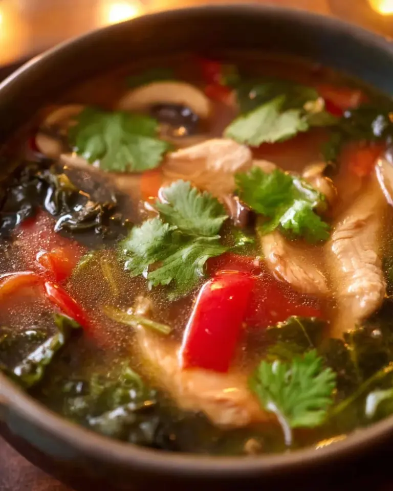 Bowl of authentic Thai Tom Yum Soup with chicken and fresh herbs
