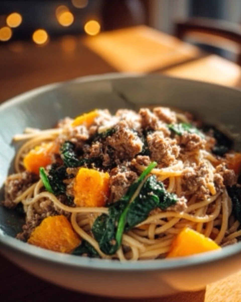 Delicious autumn sausage pasta squash dish on a rustic table.