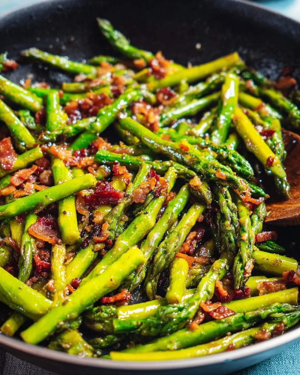 A plate of delicious bacon-wrapped asparagus spears garnished with herbs