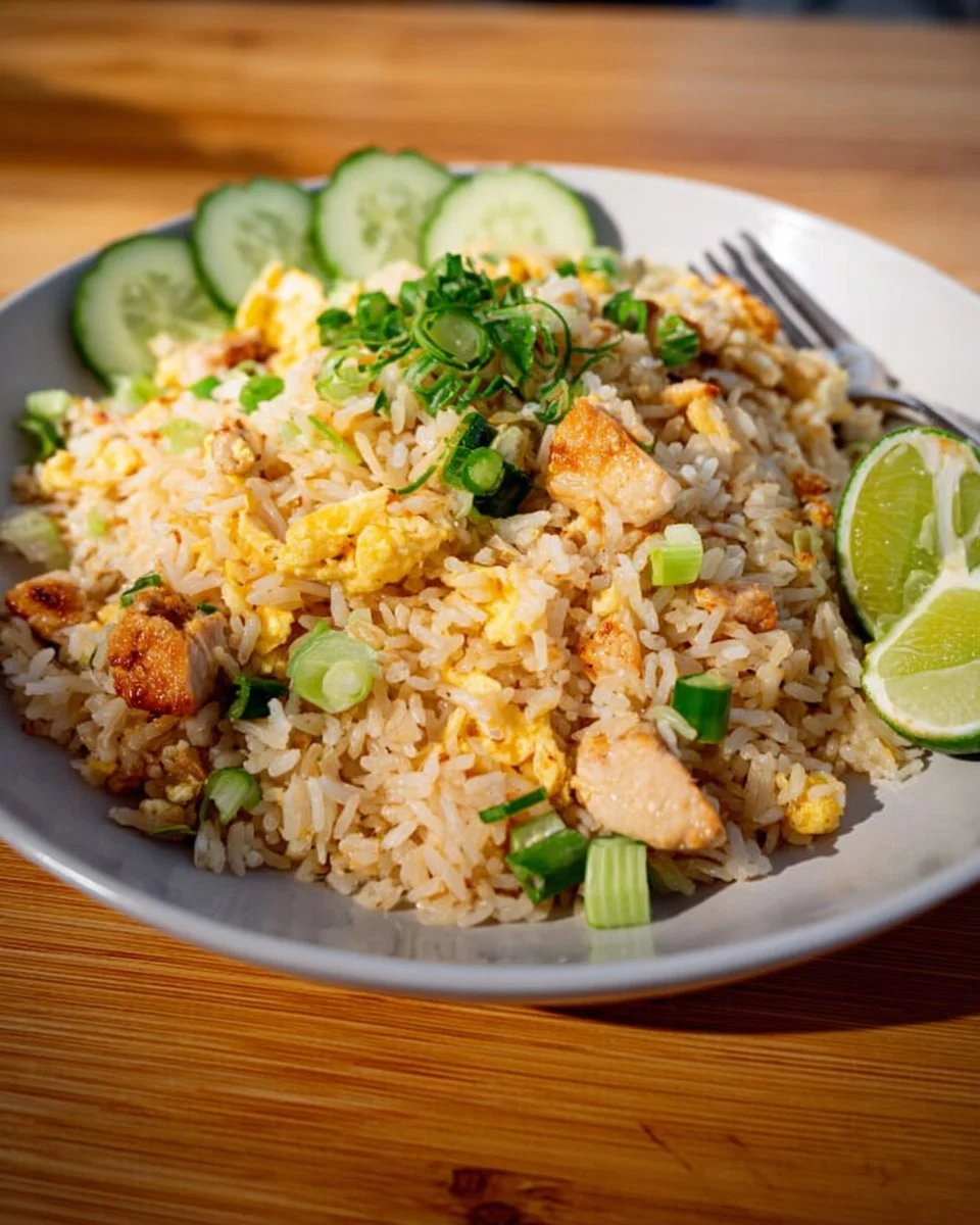Plate of Thai Fried Rice made with leftover roast and fresh vegetables