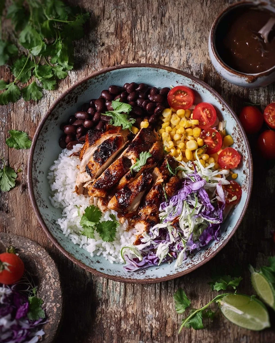 BBQ chicken bowl with fresh vegetables and a savory sauce