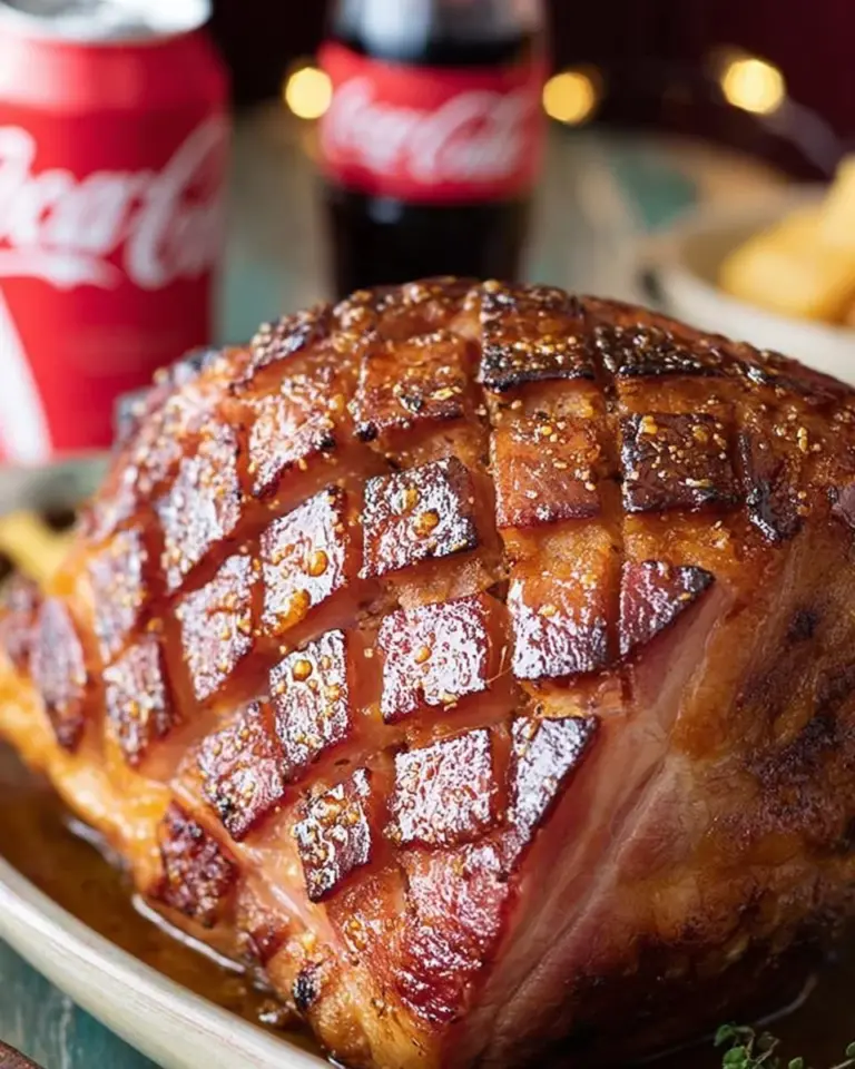 Delicious Bourbon and Coke glazed ham ready to serve at a festive table.