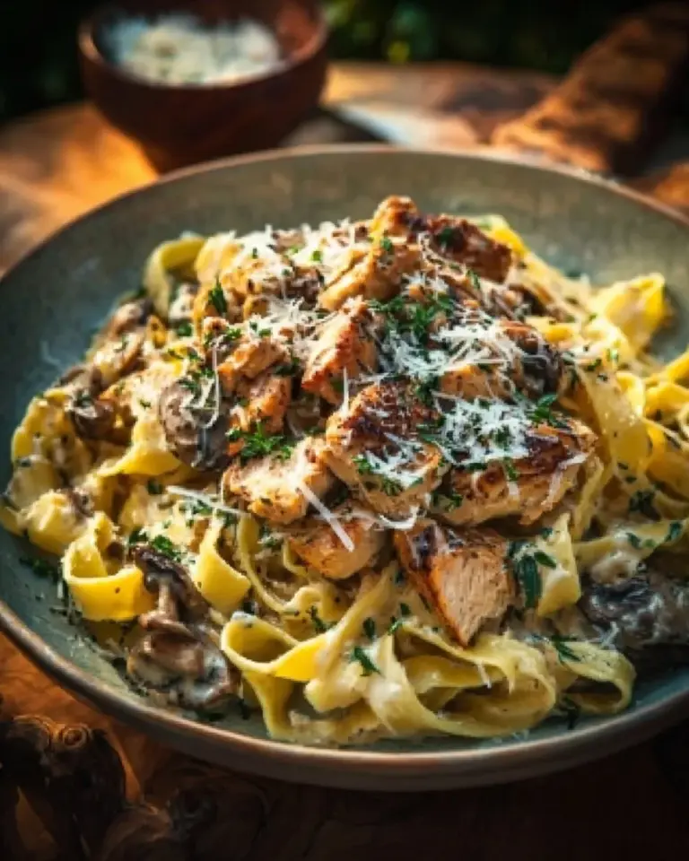 Creamy Chicken Marsala Fettuccine dish garnished with herbs and sauce.