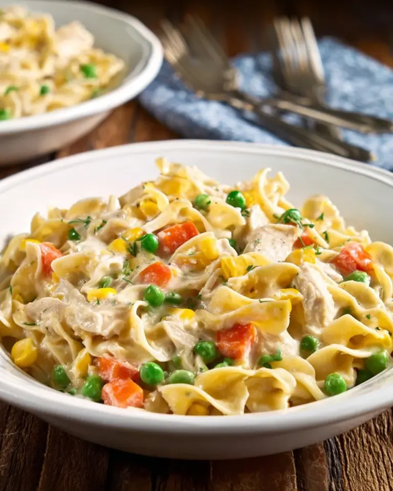 Delicious Chicken Noodle Casserole baked to perfection with tender chicken and noodles.
