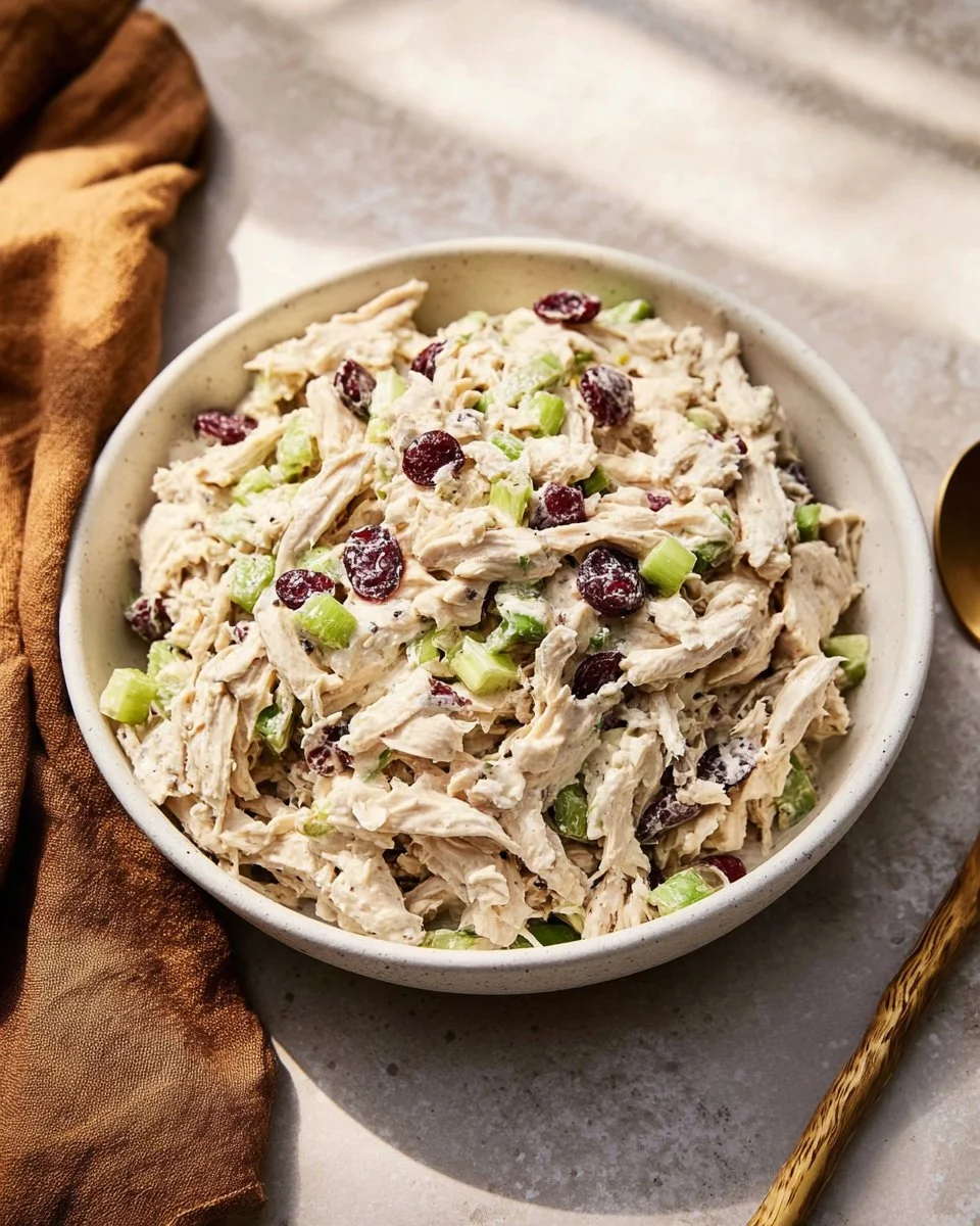 A fresh, colorful chicken salad served in a bowl with greens and vegetables.