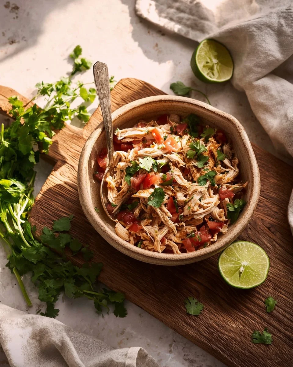 Delicious Chicken Tinga served with tortillas and garnishes