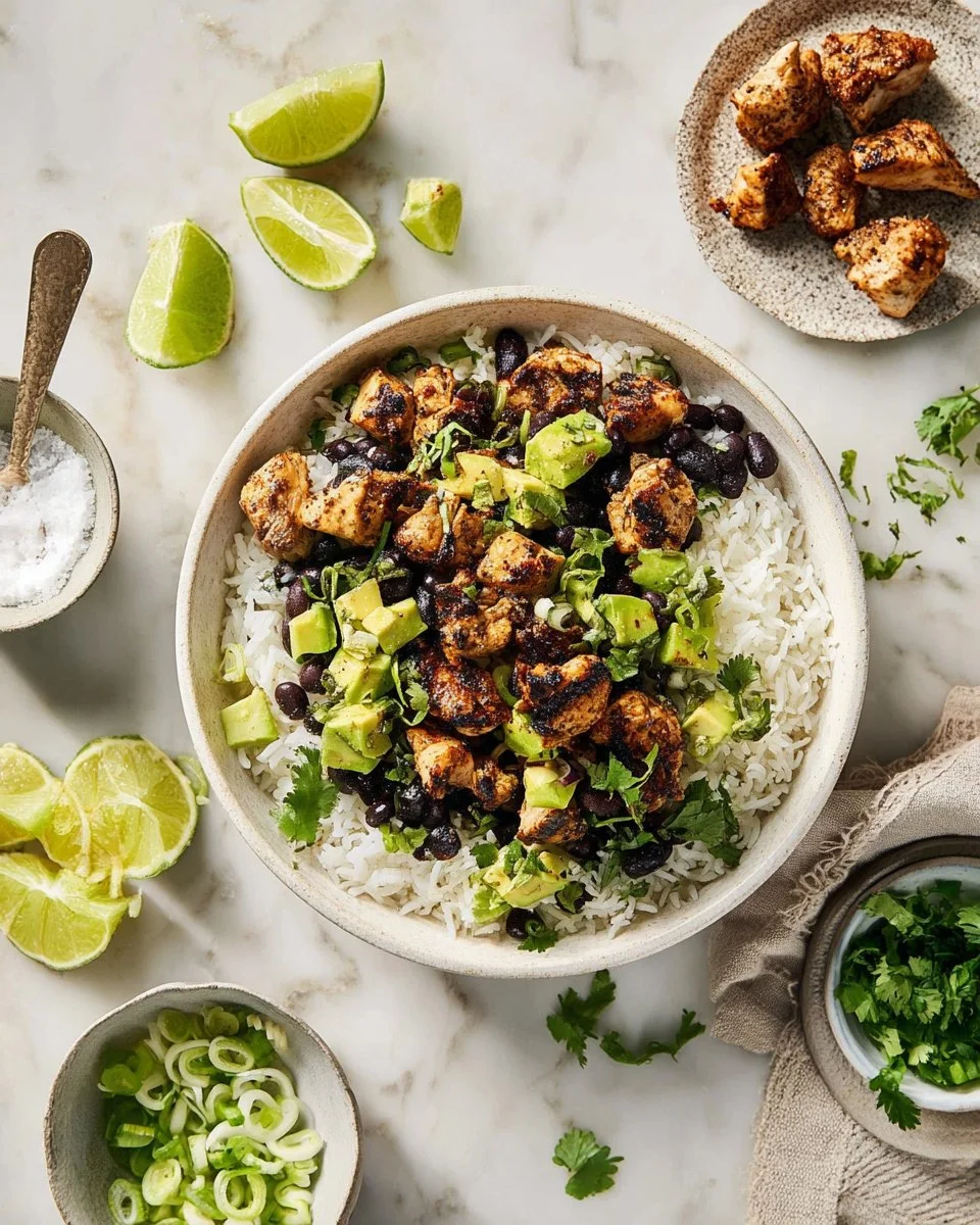 Chili lime chicken avocado bowl with fresh ingredients and vibrant colors.