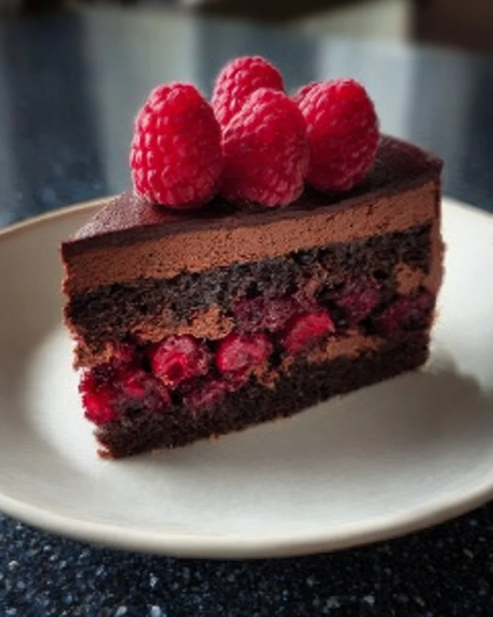 Delicious Chocolate Raspberry Mousse Cake decorated with fresh raspberries