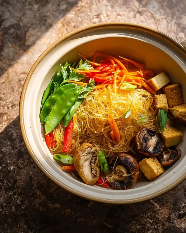 Vegan Claypot Glass Noodles dish served in a traditional clay pot