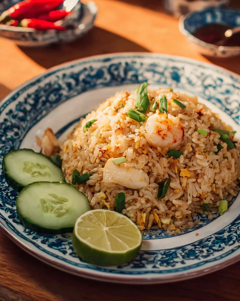 Delicious crab fried rice served with fresh herbs and vegetables