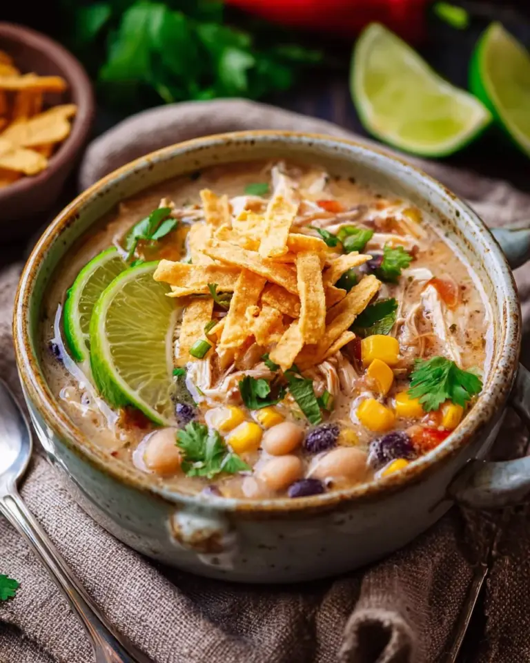 Creamy chicken and bean chili served in a bowl with garnishes