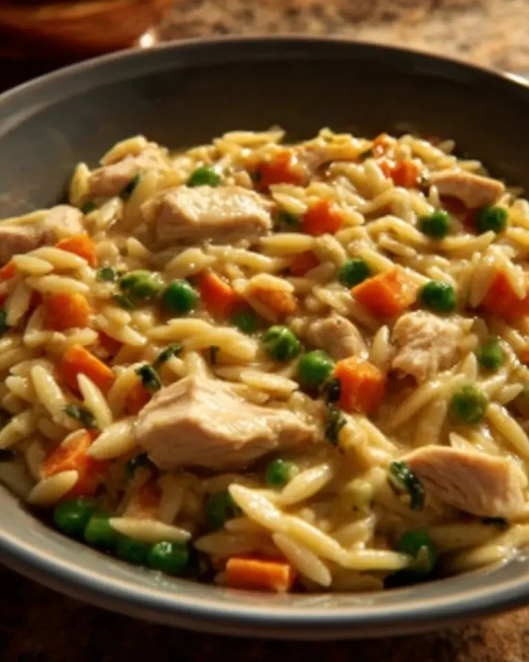 Creamy Chicken Pot Pie Orzo in a bowl, garnished and ready to serve.
