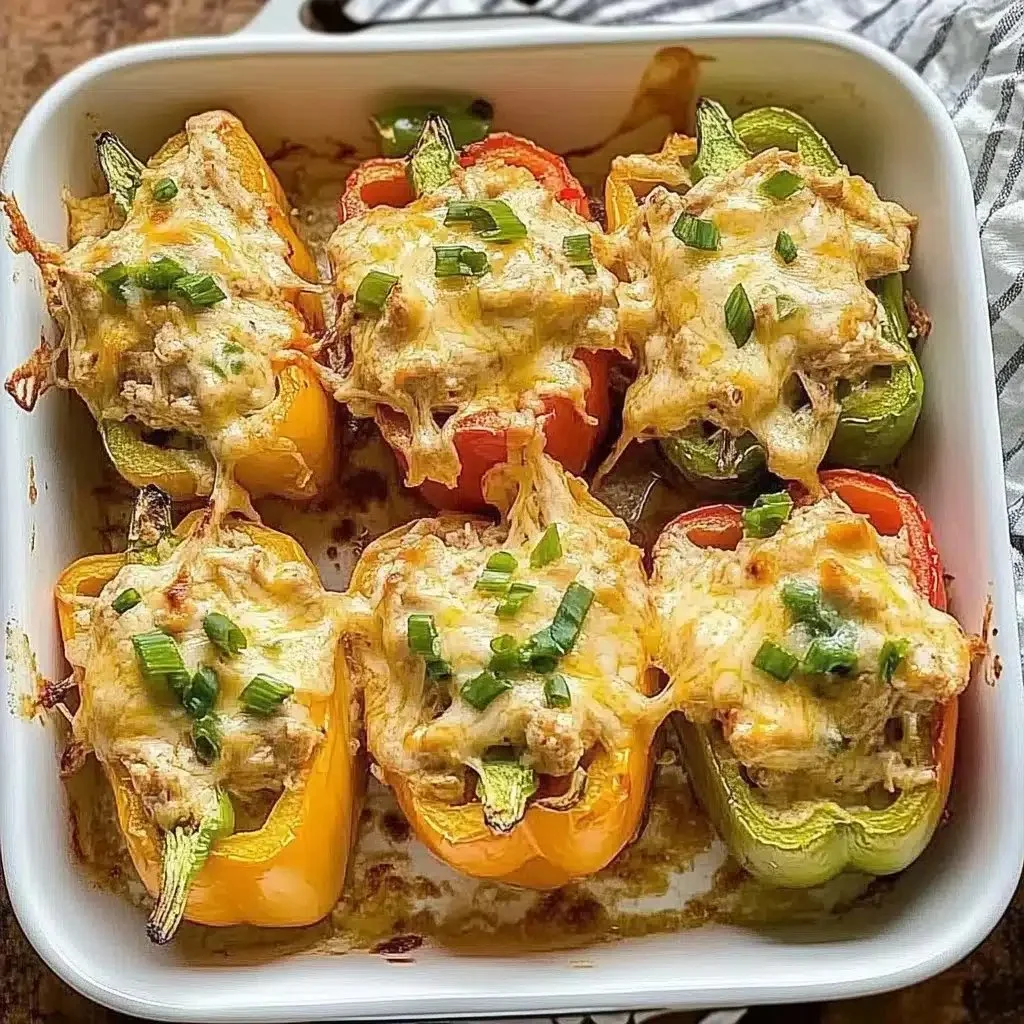 Creamy chicken stuffed peppers served on a plate with a fresh garnish