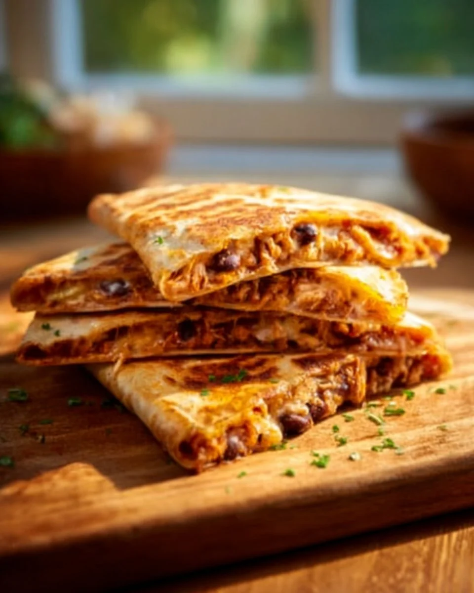 Crispy black bean quesadillas on a plate with fresh toppings