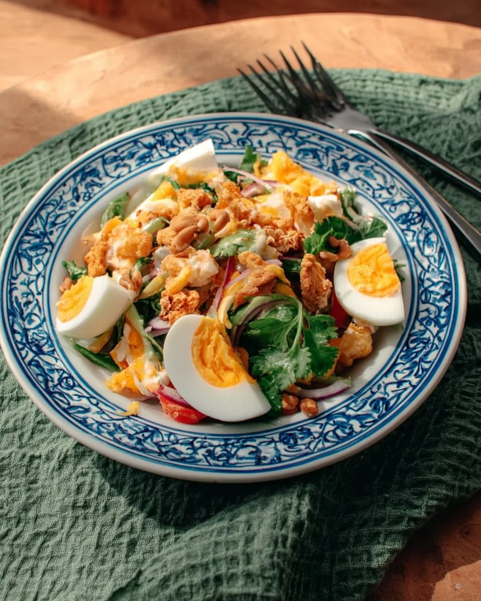 Crispy fried egg salad with fresh vegetables and dressing