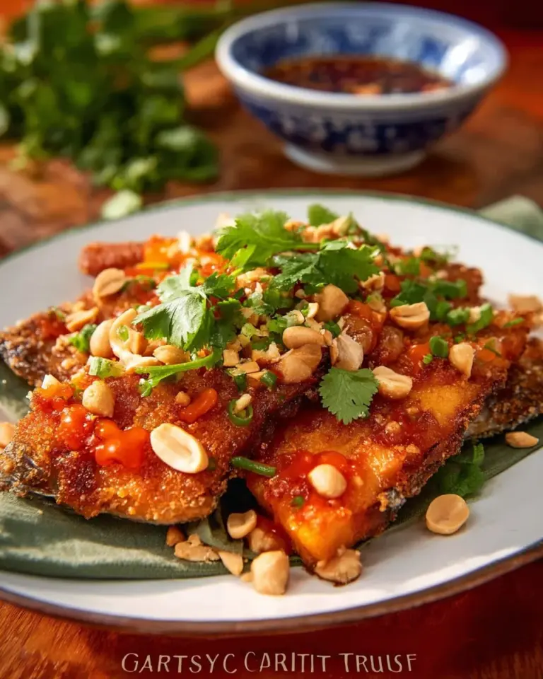 Golden crispy garlic fish served with lemon and herbs