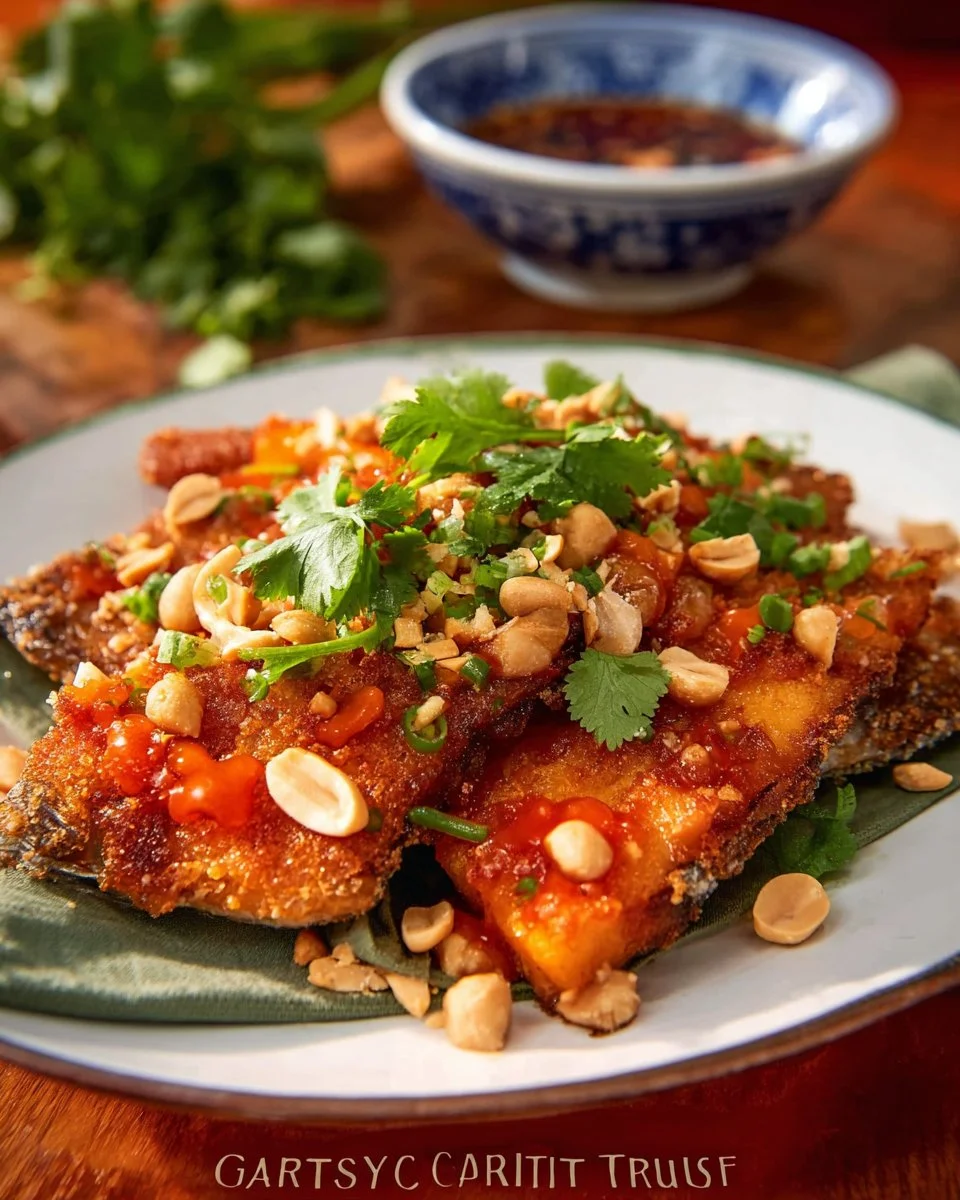 Golden crispy garlic fish served with lemon and herbs