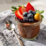 Decadent tofu chocolate mousse in a glass topped with dark chocolate shavings.