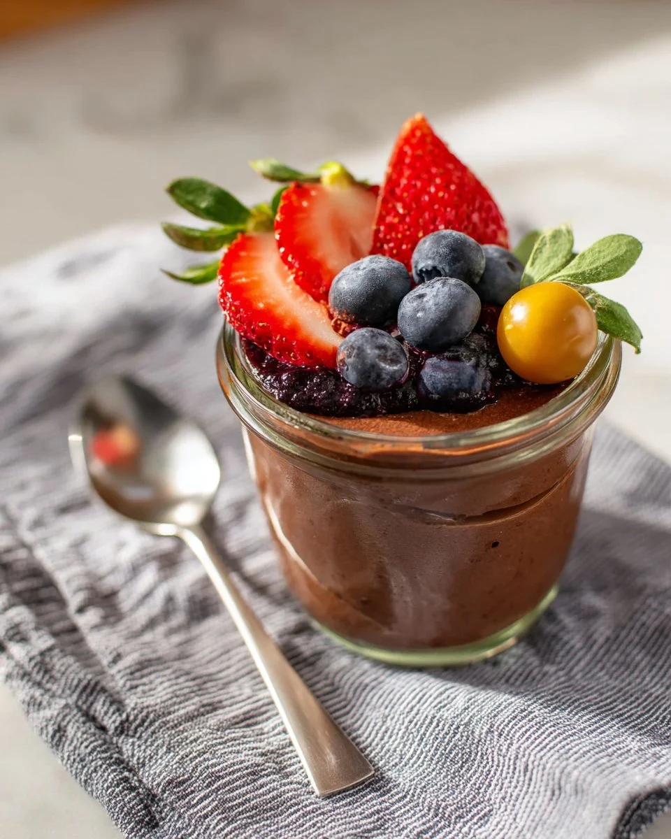 Decadent tofu chocolate mousse in a glass topped with dark chocolate shavings.