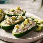 Dill Pickle Chicken Cucumber Boats filled with creamy chicken salad and pickles