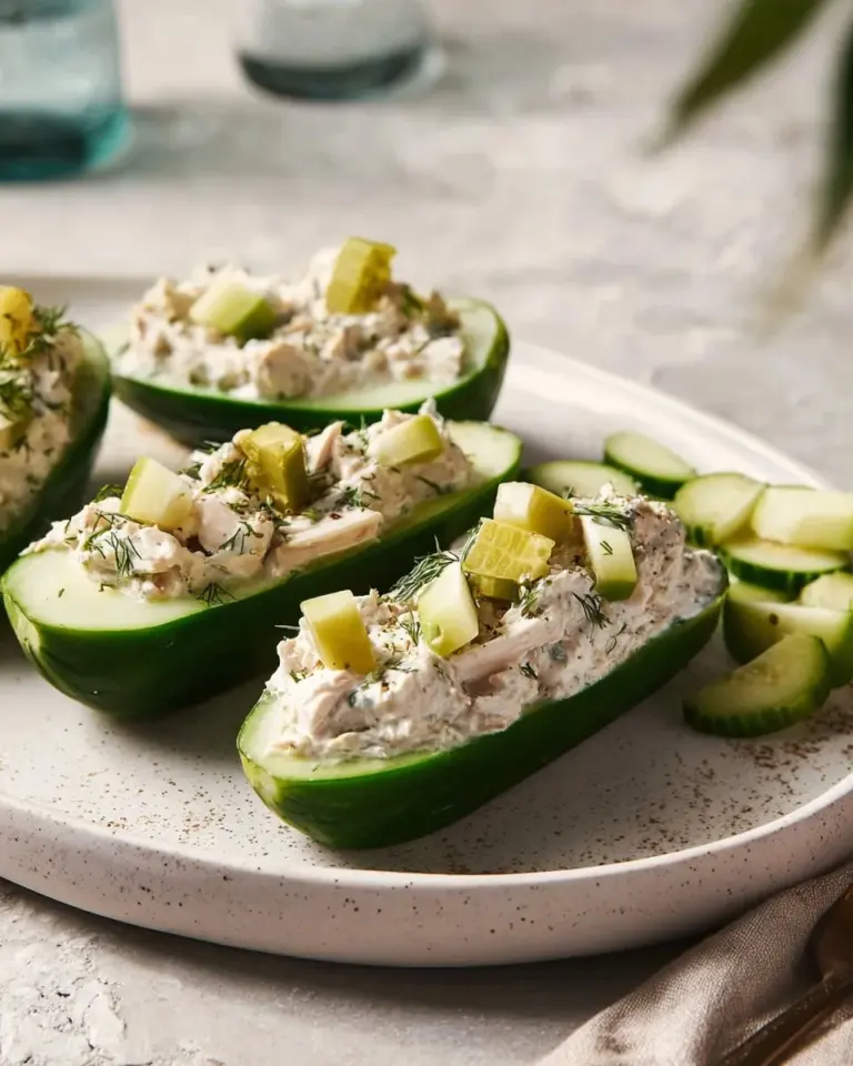 Dill Pickle Chicken Cucumber Boats filled with creamy chicken salad and pickles