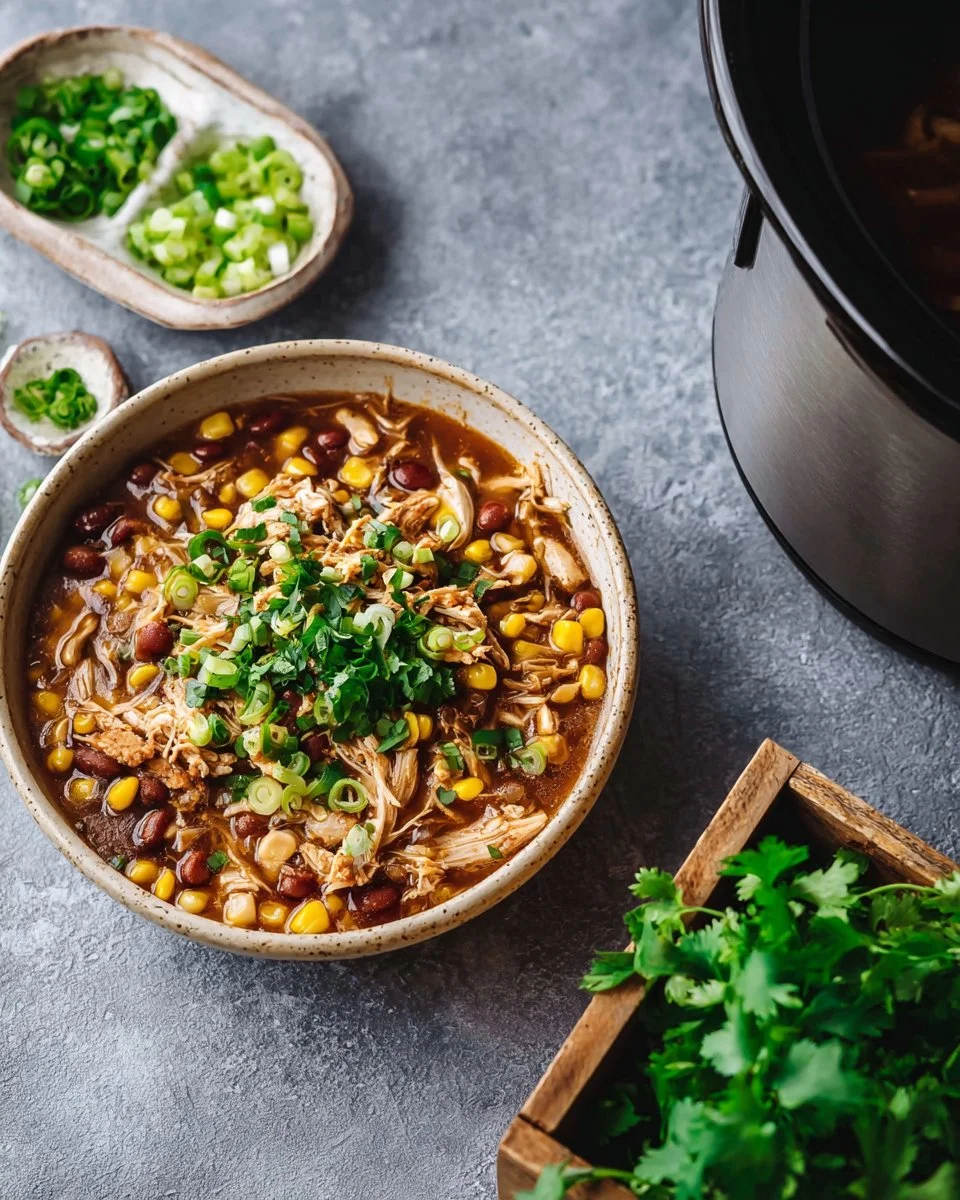 A bowl of easy white chicken chili garnished with cilantro and tortilla strips