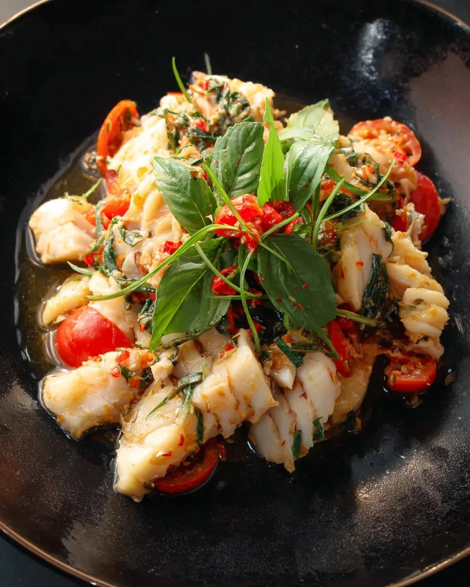 Delicious Fish Stir-Fry garnished with aromatic herbs