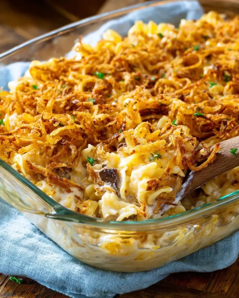 French Onion Beef Casserole with melted cheese and savory beef in a baking dish
