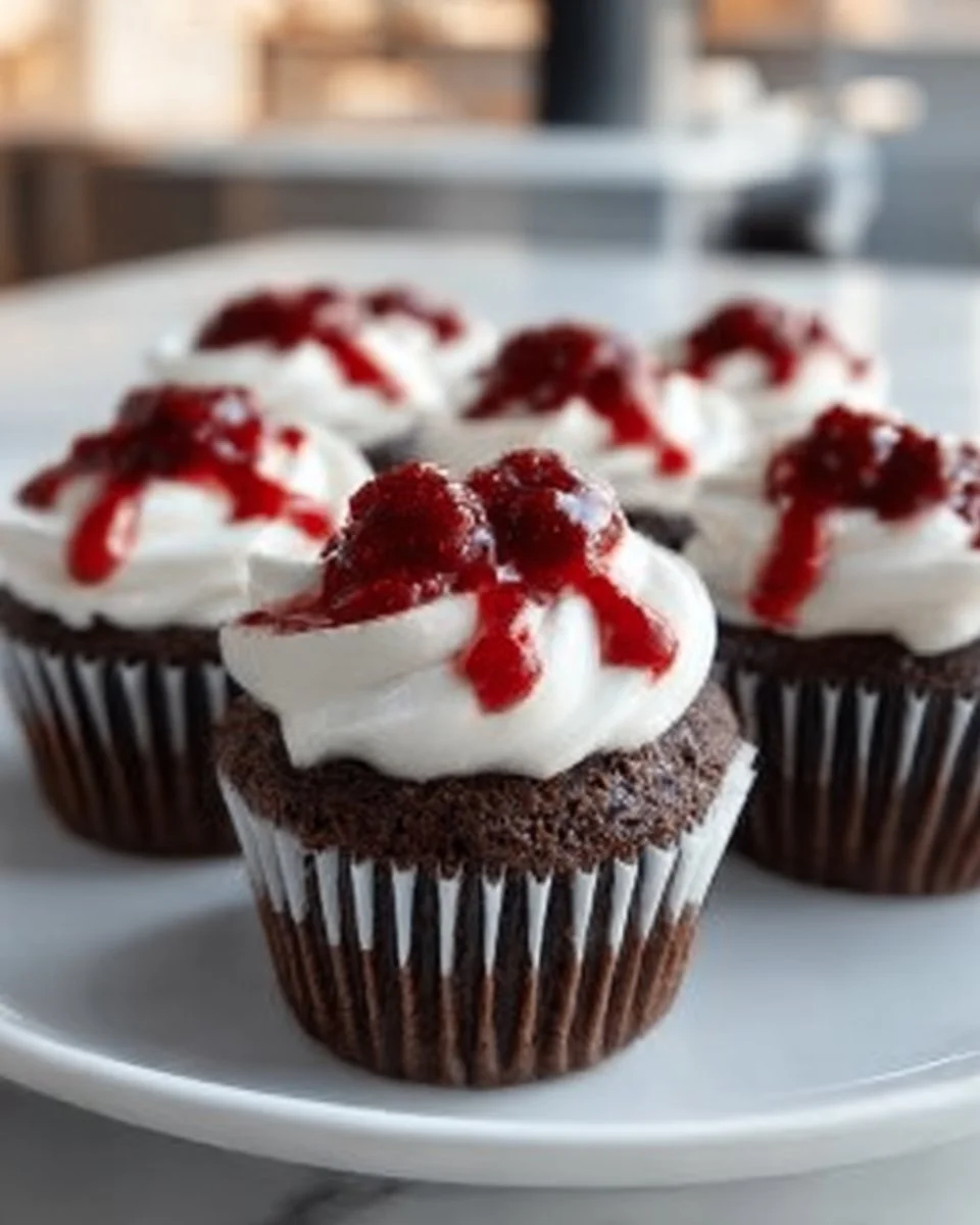 Halloween vampire bite cupcakes with red filling and spooky decorations