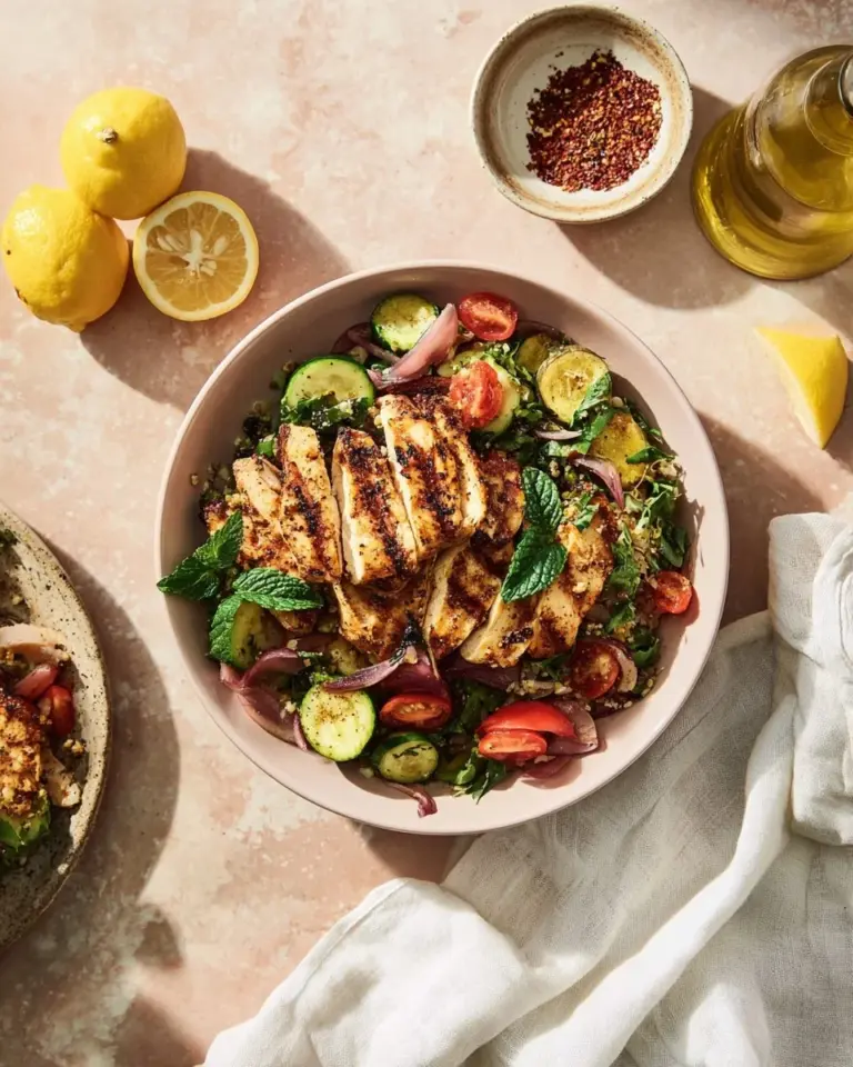 Healthy grain and chicken bowls with Mediterranean salsa on a plate.