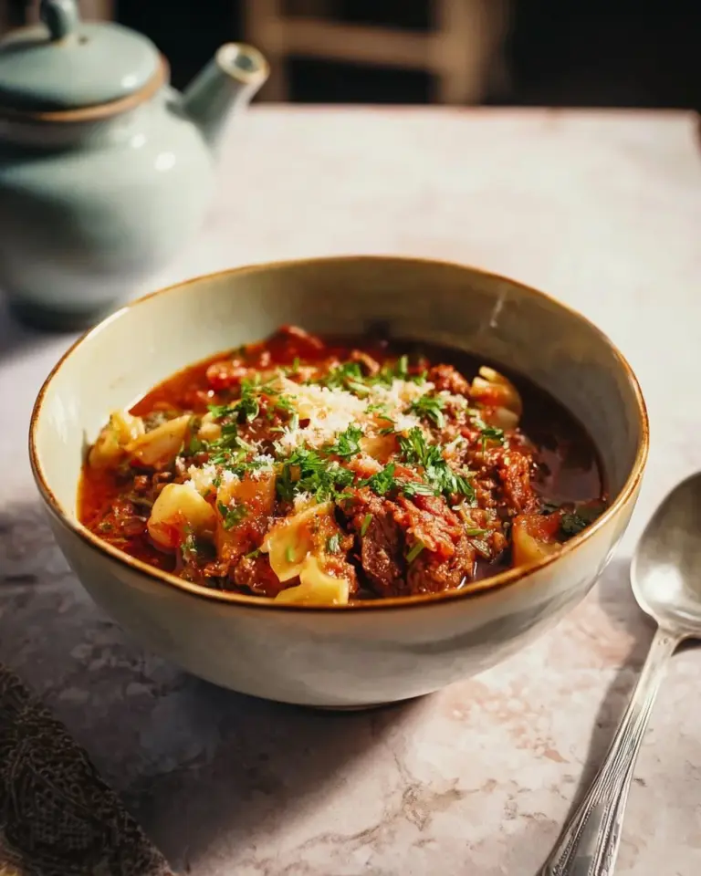 Bowl of healthy slow cooker lasagna soup with fresh ingredients