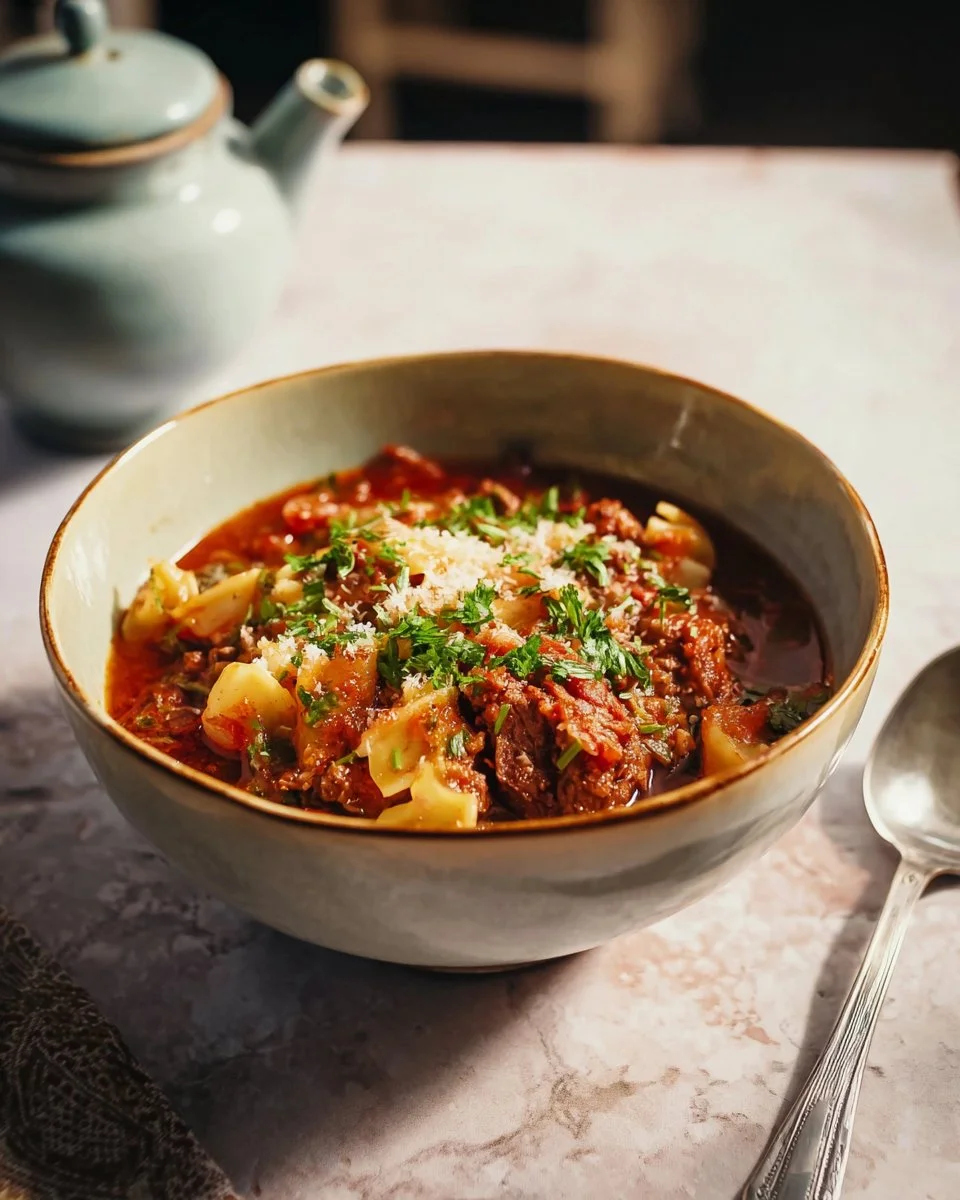 Bowl of healthy slow cooker lasagna soup with fresh ingredients