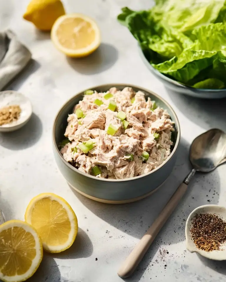 Healthy tuna salad in a bowl with fresh vegetables and herbs