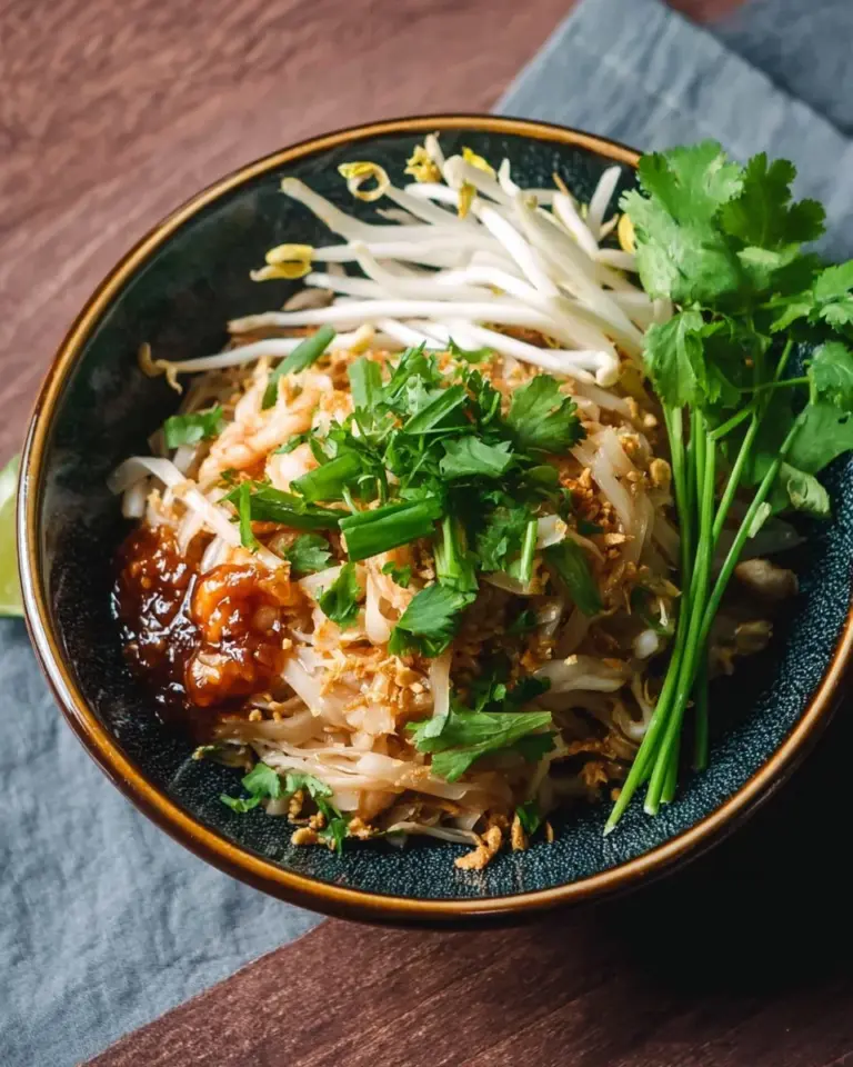 Bowl of homemade Pad Thai sauce with fresh herbs and ingredients