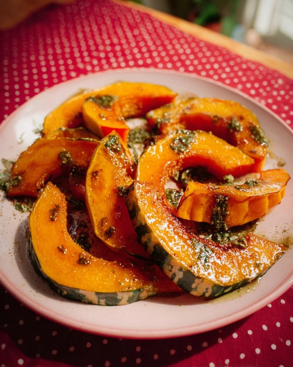 Bowl of caramel roasted kabocha squash garnished with herbs