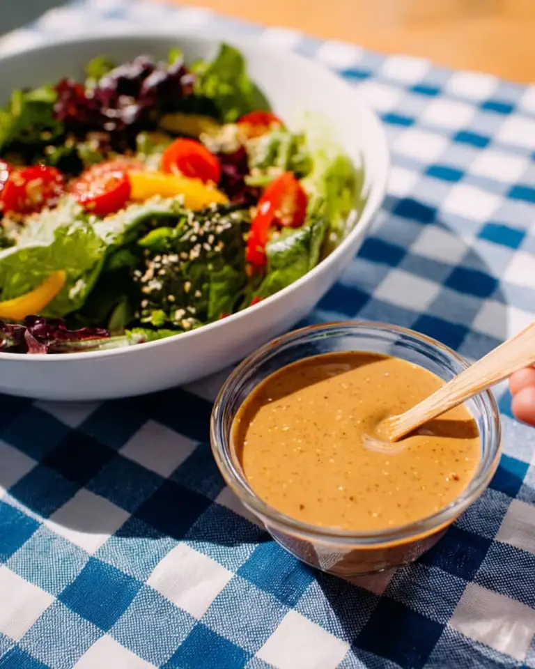 Bowl of Japanese Deep Roasted Sesame Dressing on a wooden table