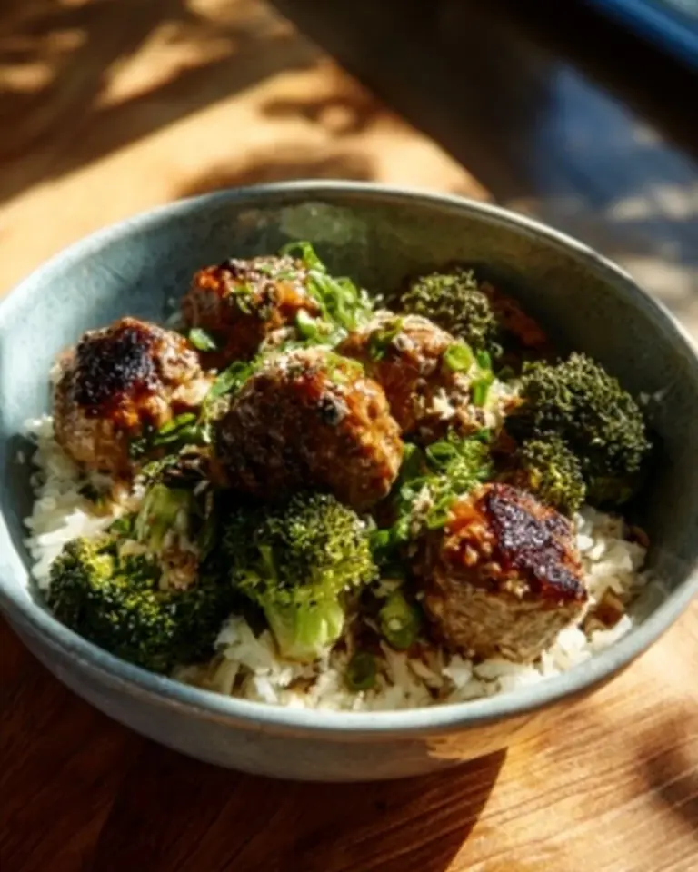 Korean BBQ meatball rice bowl garnished with fresh vegetables and sesame seeds.