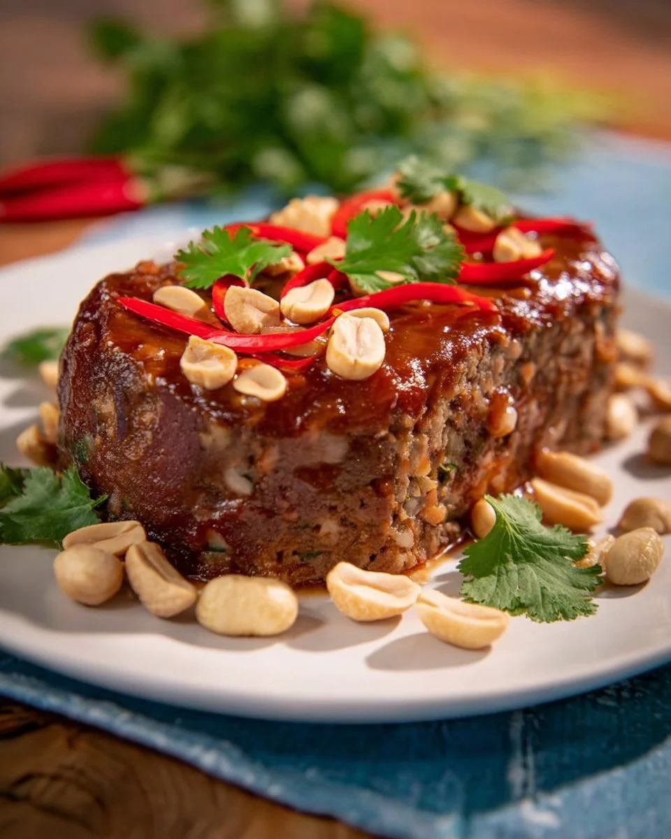 Delicious Massaman Curry Beef Meatloaf served on a plate with herbs.