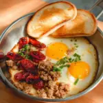 Pan Eggs Thai style breakfast served in a skillet.