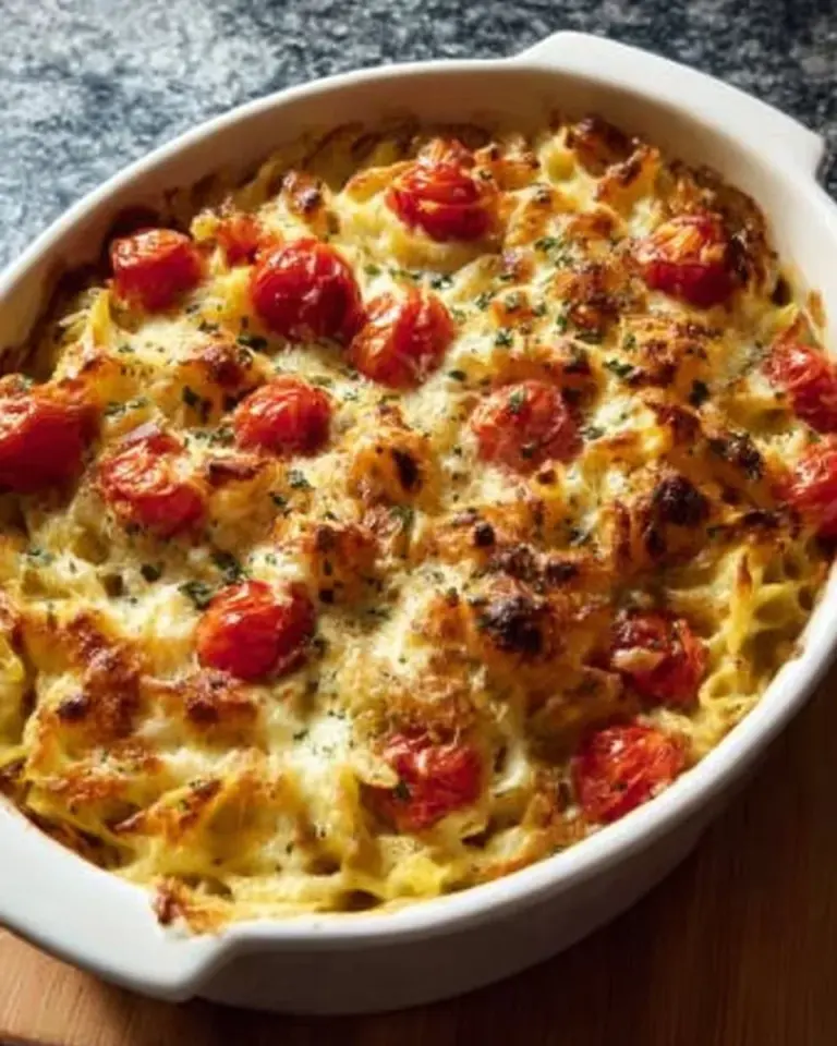 Pesto Chicken Pasta Bake topped with fresh basil and melted cheese